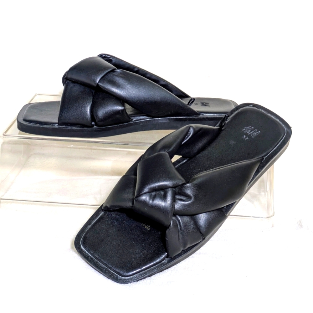 H&M Pillow Knot Square Toe Slides/Sandals, Black Vegan Leather, Summer Sz 6.5